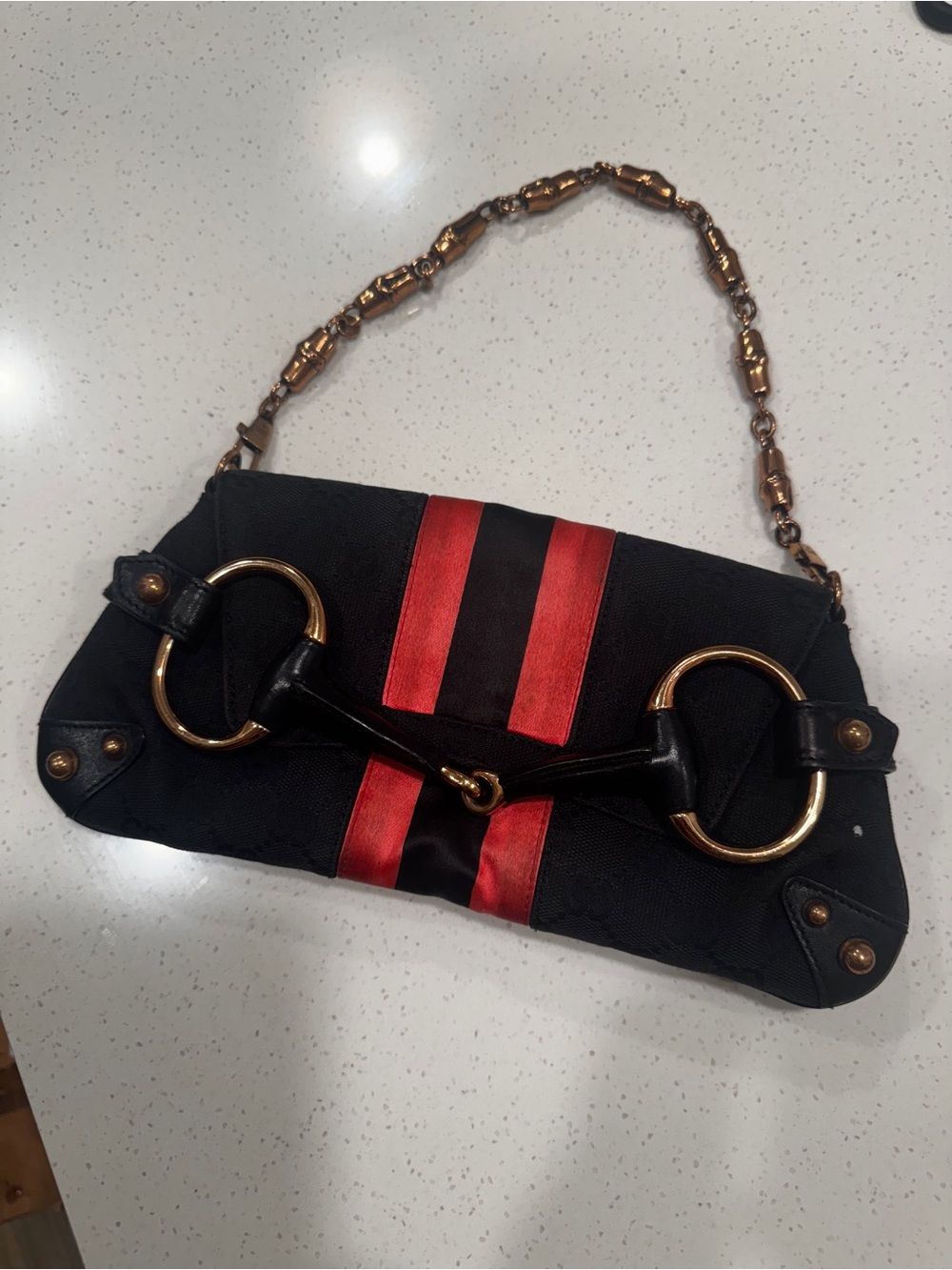 Gucci Black Clutch with Red Satin Stripes and Gold-Tone Hardware